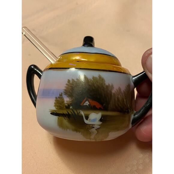Morimura Porcelain Sugar Bowl, Lid & Glass Spoon Scenic design 2.75 in tall EUC - Picture 15 of 16